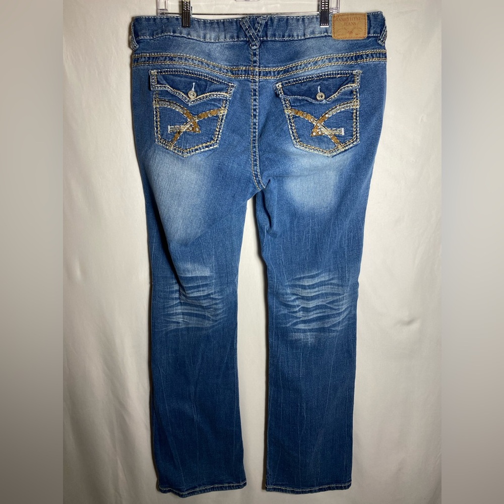 Amethyst Jeans Size 18 Boot Cut Western Pocket Faux Leather Distressed Ripped
